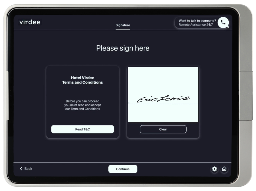 Virdee signature capture on the kiosk to agree to T&Cs or sign contracts