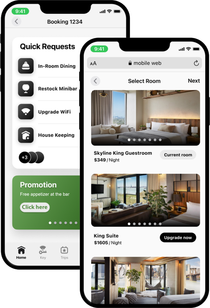 Mobile app and mobile web showing room selection and check-in steps